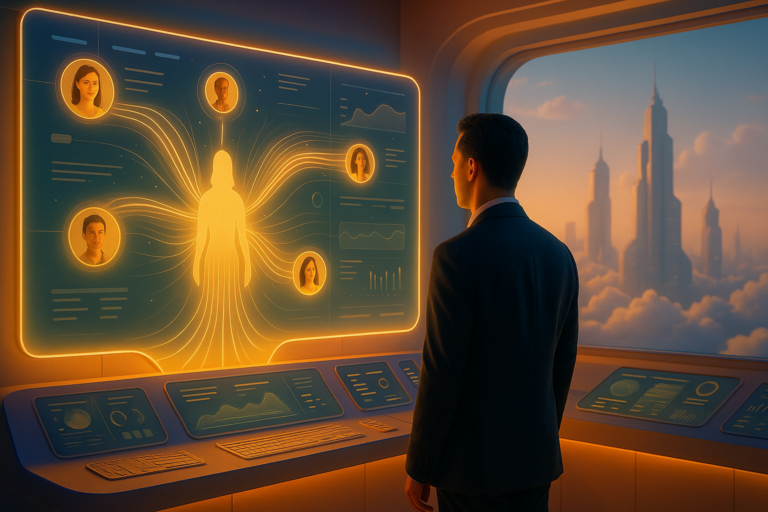 A hotel professional in a futuristic control room monitors guest data merging on a glowing screen, representing seamless CDP integration for hotels.