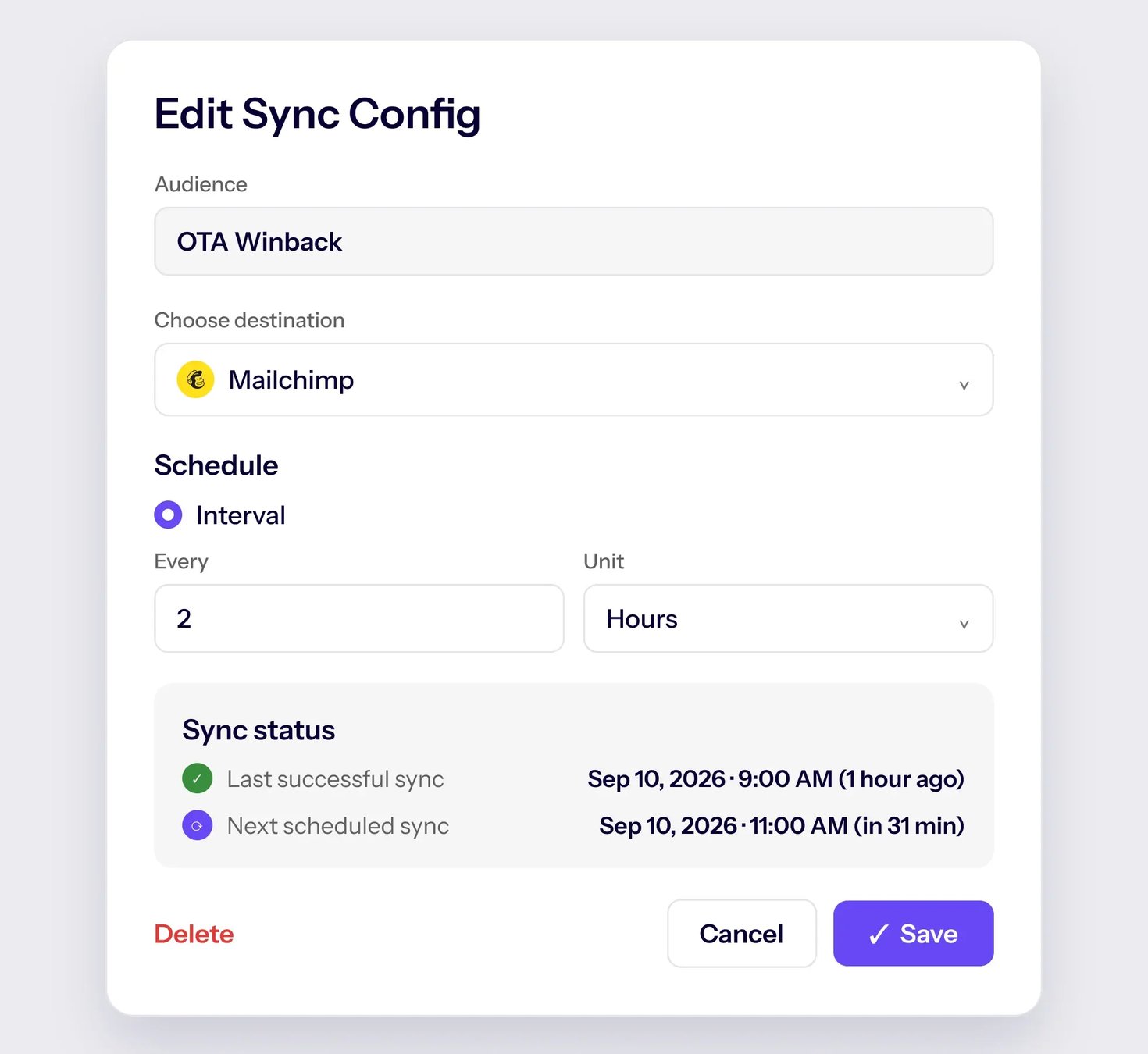 Sync-Konfiguration in TrustYou CDP, die eine OTA-Winback-Zielgruppe an Mailchimp überträgt