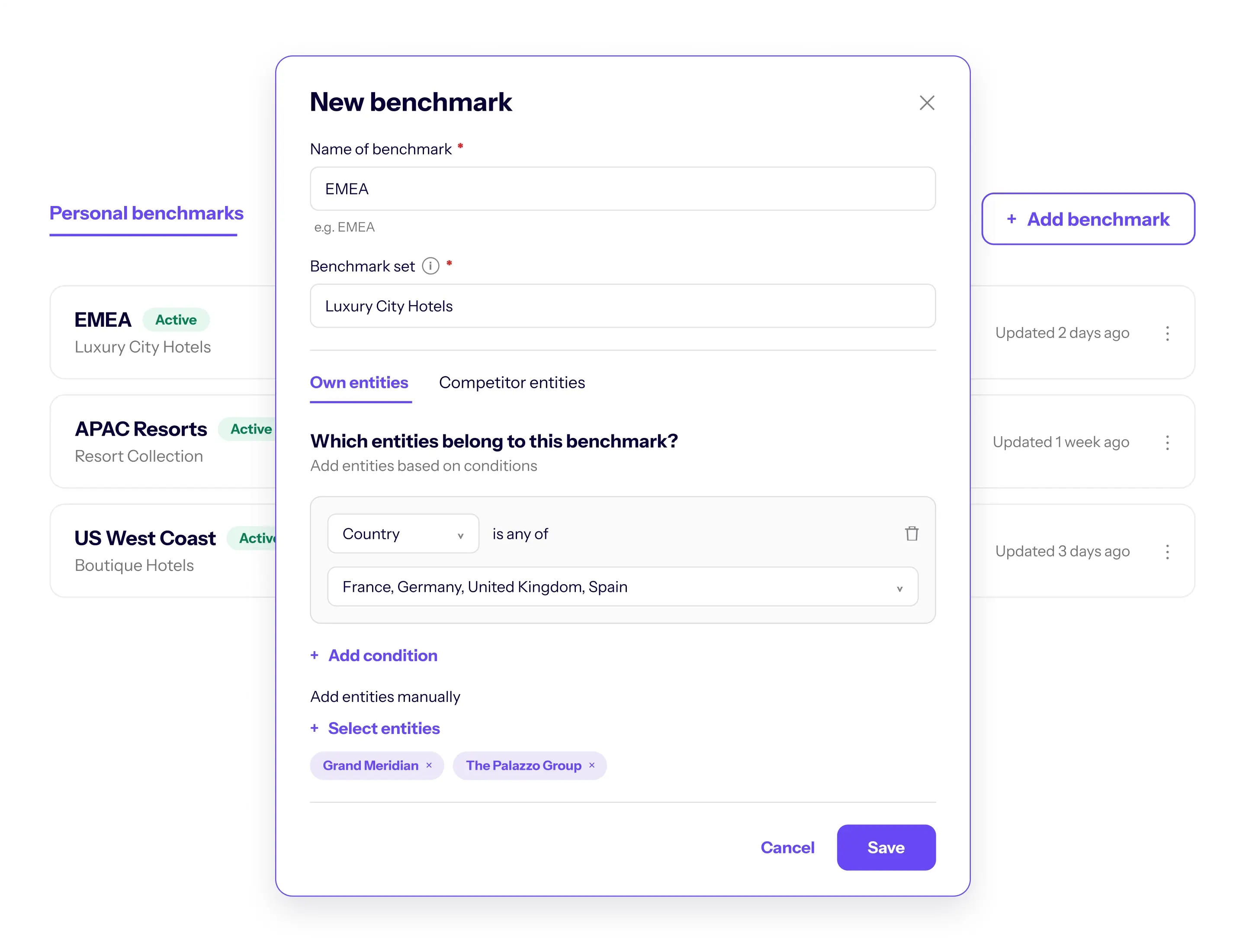 Erstellen eines neuen EMEA-Benchmarks in TrustYou CXP nach Land und Wettbewerbsgruppe, über einer Liste gespeicherter persönlicher Benchmarks