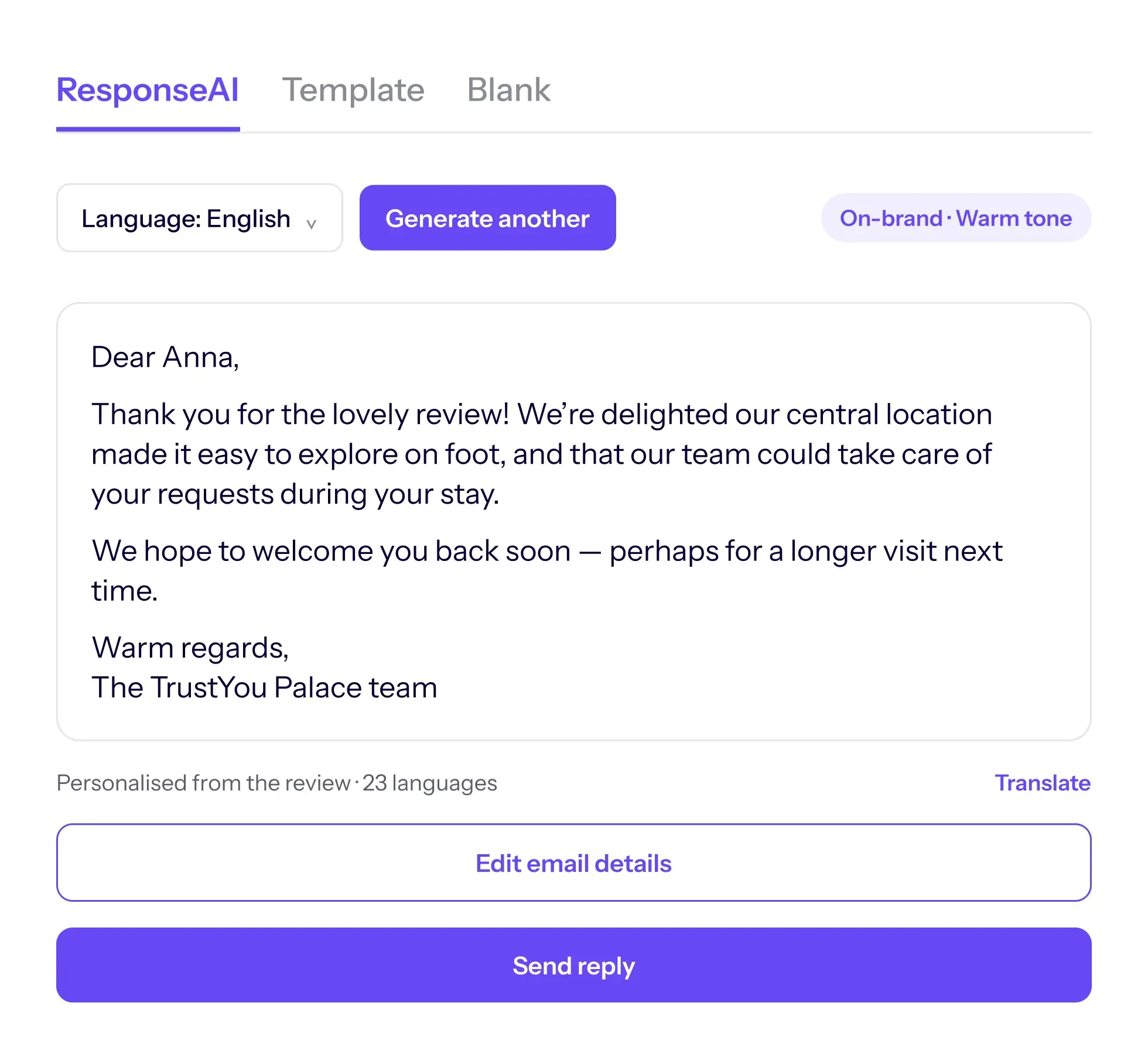 Eine von ResponseAI auf Englisch verfasste Gästeantwort mit Optionen zum Übersetzen, Bearbeiten oder Versenden per E-Mail