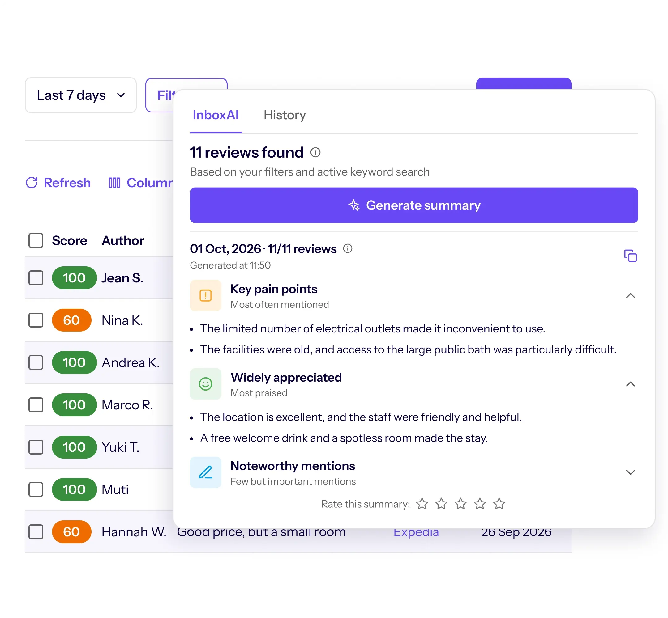 TrustYou CXP Bewertungs-Posteingang mit vier neuen Gästebewertungen von Booking.com, Expedia und Google, inklusive Score und Antwortstatus