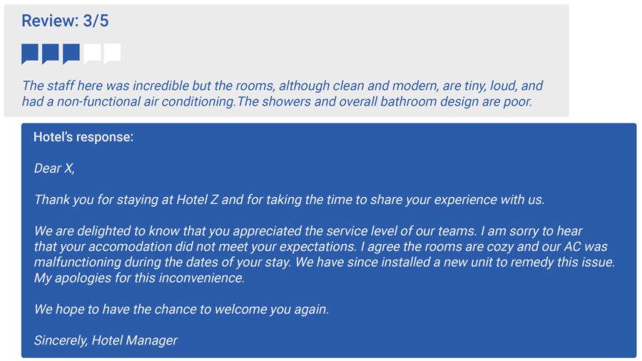 An example of a 3-star negative guest review: The staff here was incredible but the rooms, although clean and modern, are tiny, loud, and had a non-functional air conditioning. The showers and overall bathroom design are poor. Hotel’s response: Dear X, Thank you for staying at Hotel Z and for taking the time to share your experience with us. We are delighted to know that you appreciated the service level of our teams. I am sorry to hear that your accomodation did not meet your expectations. I agree the rooms are cozy and our AC was malfunctioning during the dates of your stay. We have since installed a new unit to remedy this issue. My apologies for this inconvenience. . We hope to have the chance to welcome you again. Sincerely, Hotel Manager 
