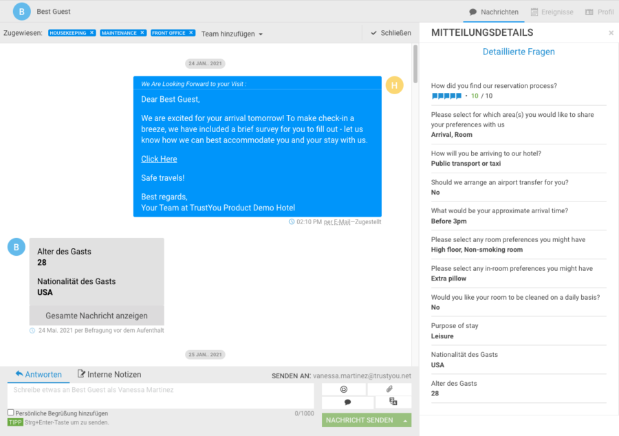 Ein Screenshot von unserer TrustYou-Plattform zeigt, wie Sie mithilfe unserer Live-Umfrage mit Gästen interagieren können.