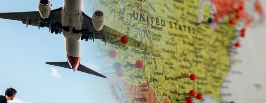 A picture of a man looking at an airplane flying on the background of the US region map.