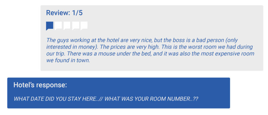 An example of 1-star negative guest review: The guys working at the hotel are very nice, but the boss is a bad person (only interested in money). The prices are very high. This is the worst room we had during our trip. There was a mouse under the bed, and it was also the most expensive room we found in town.

Hotel’s response: 

WHAT DATE DID YOU STAY HERE..// WHAT WAS YOUR ROOM NUMBER..??
