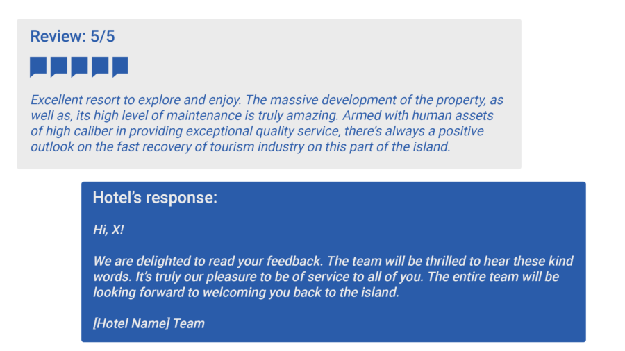 An example of a positive 5-star guest review: Excellent resort to explore and enjoy. The massive development of the property, as well as, its high level of maintenance is truly amazing. Armed with human assets of high caliber in providing exceptional quality service, there's always a positive outlook on the fast recovery of tourism industry on this part of the island.

Hotel’s response

Hi, X!

We are delighted to read your feedback. The team will be thrilled to hear these kind words. It's truly our pleasure to be of service to all of you. The entire team will be looking forward to welcoming you back to the island.

[Hotel Name] Team
