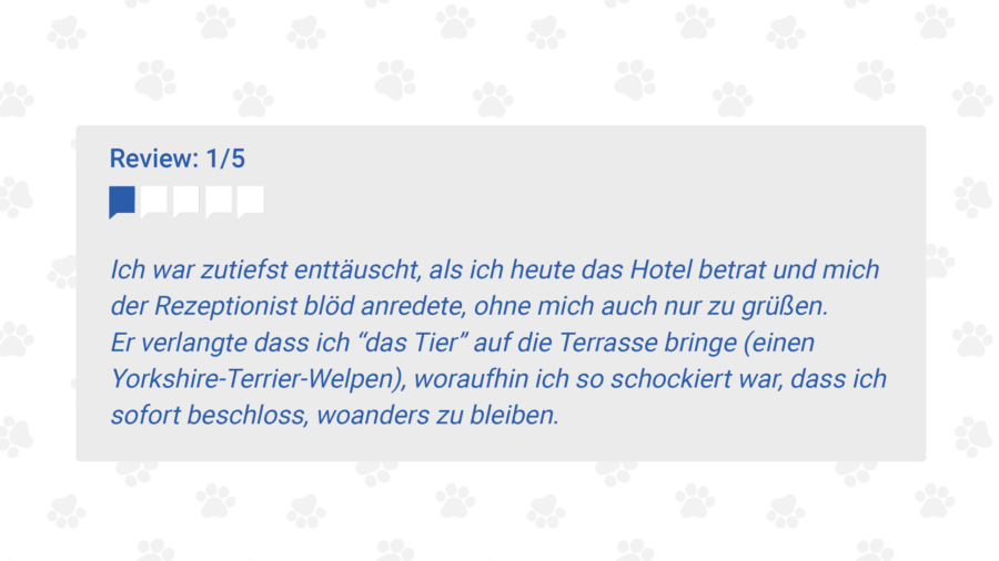 Ich war zutiefst enttäuscht, als ich heute das Hotel betrat und mich der Rezeptionist blöd anredete, ohne mich auch nur zu grüßen. Er verlangte dass ich “das Tier” auf die Terrasse bringe (einen Yorkshire-Terrier-Welpen), woraufhin ich so schockiert war, dass ich sofort beschloss, woanders zu bleiben.