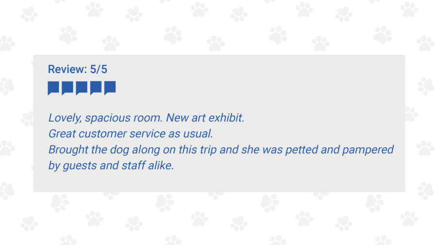 Lovely, spacious room. New art exhibit.  Great customer service as usual.  Brought the dog along on this trip and she was petted and pampered by guests and staff alike. 