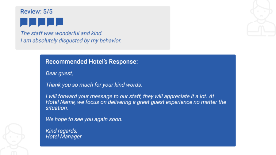 Reviews 5/5 The staff was great and kind.  I am absolutely disgusted by my behavior.  Recommended Hotel Response: Dear Guest, Thank you very much for your kind words.  I will forward your message to our staff, they will appreciate it very much.  At Hotel Name, we strive to provide an excellent customer experience, no matter the situation.  We hope to see you soon.  Sincerely, Hotel Manager 