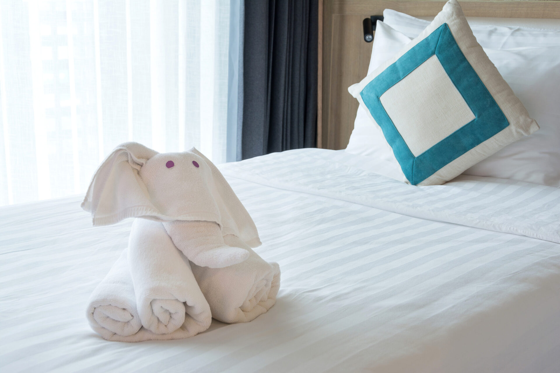 a picture featuring an elephant-shaped towel on a hotel bed.