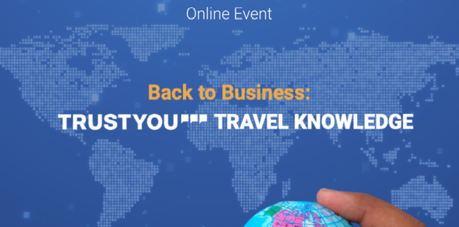 A piture featuring a world map and a plane traveling across the globe with the text: Back to Business: TrustYou Travel Knowledge