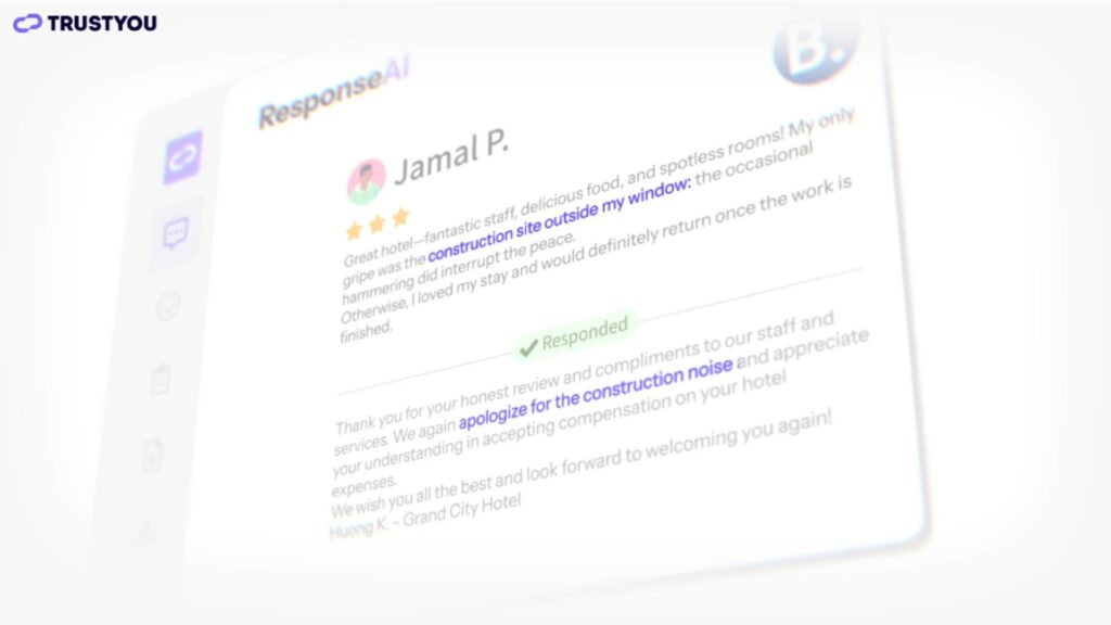 ResponseAI screenshot shows a personalized, automatic response to guest feedback.