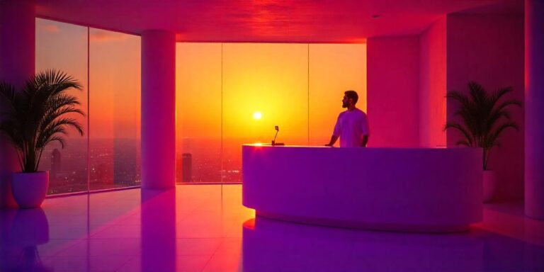 A 28 year old middle eastern man with black hair is standing behind a purple reception desk of a huge futuristic hotel lobby with a window and a sunrise in the background. A long shadow on the lobby floor.