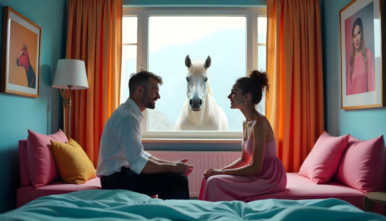 A couple, a man with short hair and a woman with curly hair tied in a bun, are chatting animatedly in a whimsically decorated hotel room featuring bold colors and eccentric furniture. A horse's head is looking into the room from the window.