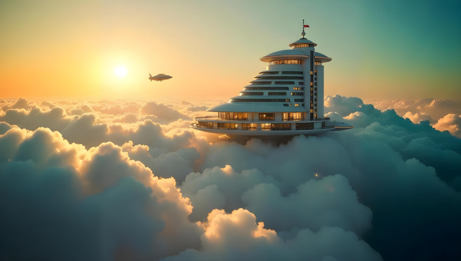 Ein Foto von einem futuristischen Hotel im Retro-Stil in den Wolken. Ein Weltraumtaxi fliegt vorbei. Die Sonne scheint.