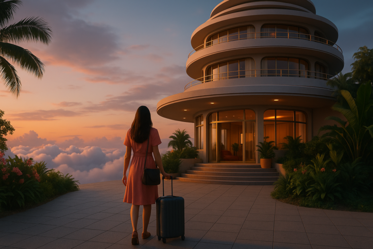 A young woman in a pink dress arrives at a sleek, retro-futuristic hotel at sunset, pulling a suitcase along a tiled path surrounded by lush plants and dramatic clouds.