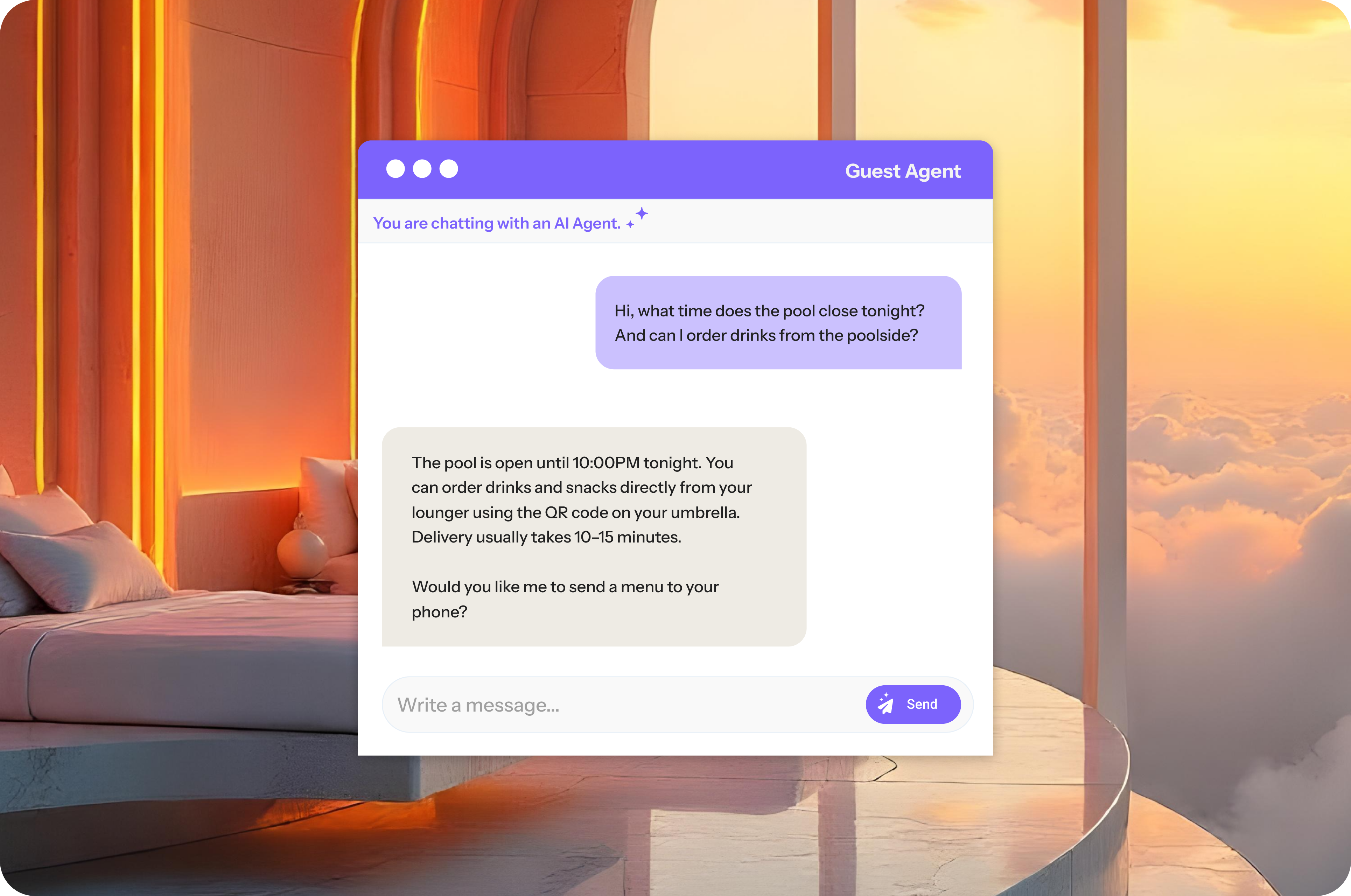 A guest messages a hotel's AI Guest Agent asking about pool hours and drink service. The agent responds with a friendly, informative reply, explaining the pool closing time, how to order drinks poolside, and offering further assistance. The chat interface appears clean and modern, with the AI's responses clearly structured.