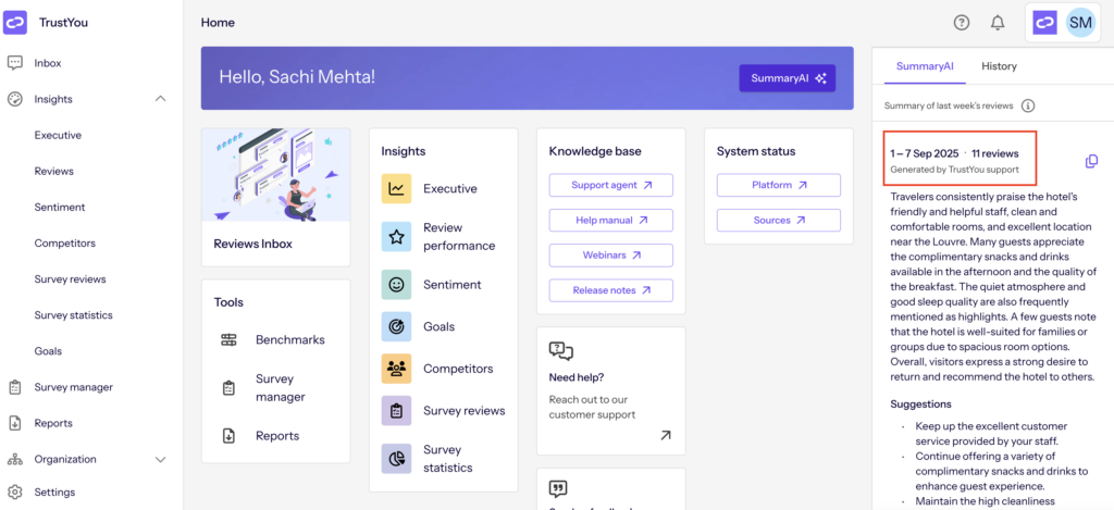 Screenshot shows TrustYou's SummaryAI tool in action.
