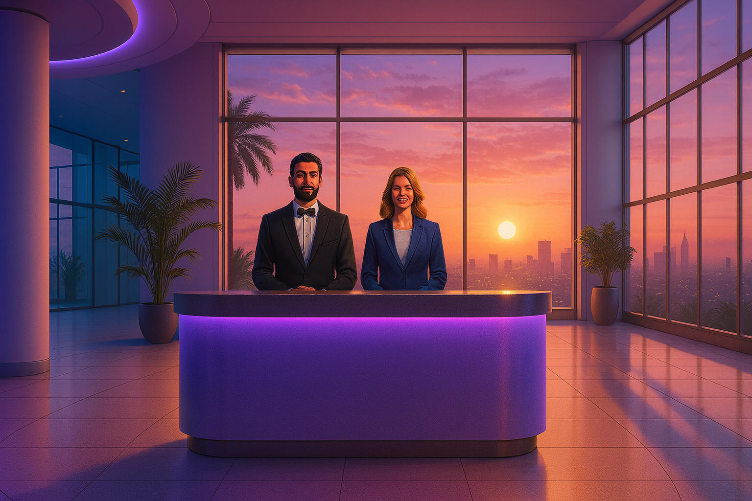 Hotel lobby front-desk staff using AI to tackle staff shortages in hospitality.