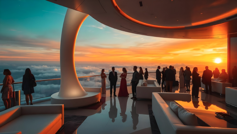 Hotel guests enjoying a sunset and filling surveys.